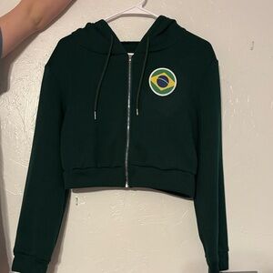 Green Cropped Hoodie with Brazil Patch